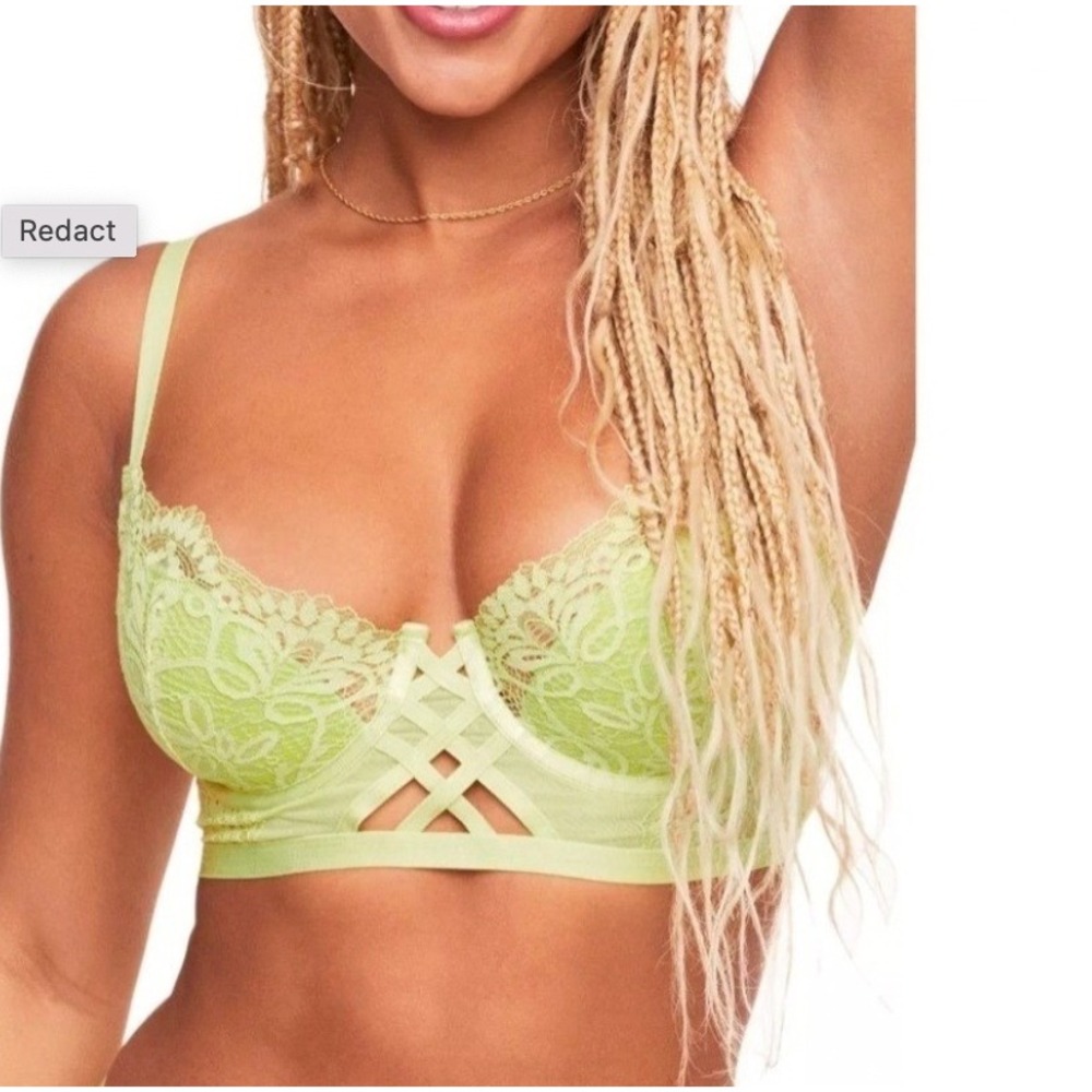 Adore Me Neon Lime Green Floral Lace Longline Bra 34G Underwire Cage Detail